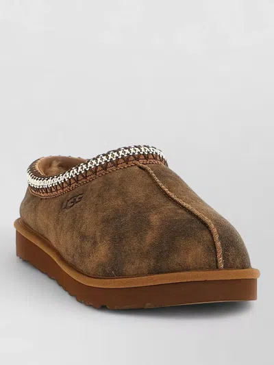 Ugg Slippers Embroidered Trim Round Toe Rubber Sole In Brown