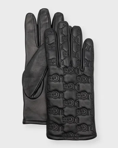 Ugg Stitched Logo Leather Gloves In Black