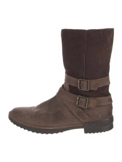 Pre-owned Ugg Suede Colorblock Pattern Moto Boots In Brown