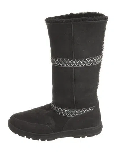 Pre-owned Ugg Suede Embroidered Accent Moto Boots In Black