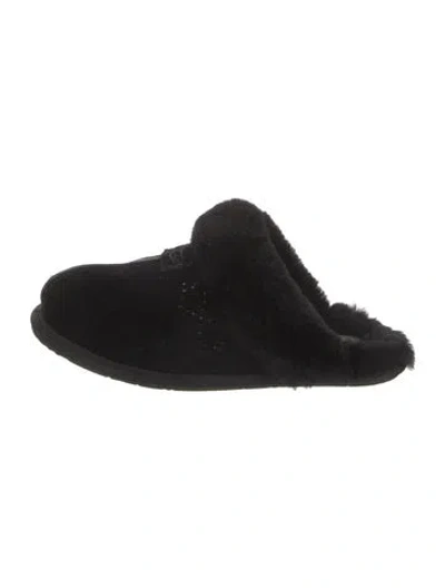 Pre-owned Ugg Suede Faux Fur Trim Mules In Black