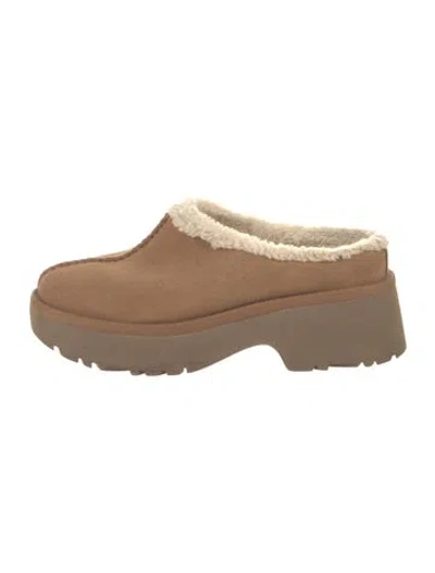 Pre-owned Ugg Suede Faux Fur Trim Mules In Brown