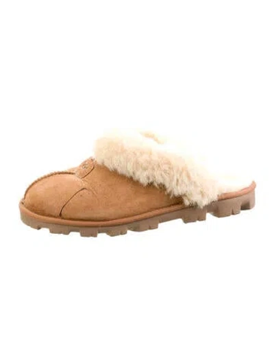 Pre-owned Ugg Suede Faux Fur Trim Mules In Neutral
