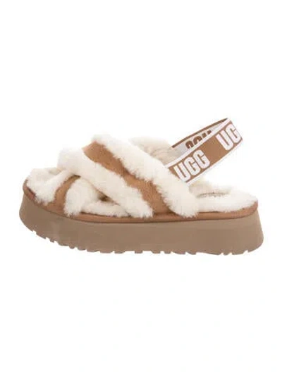 Pre-owned Ugg Suede Faux Fur Trim Slides In Neutrals