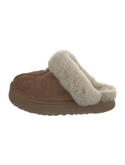 Pre-owned Ugg Suede Faux Fur Trim Slippers In Brown