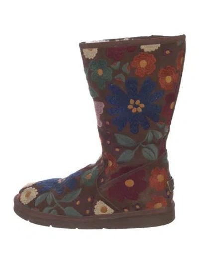 Pre-owned Ugg Suede Floral Print Boots In Brown