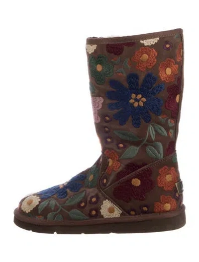 Pre-owned Ugg Suede Floral Print Boots In Brown