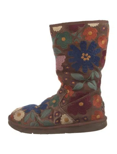 Pre-owned Ugg Suede Floral Print Snow Boots In Brown