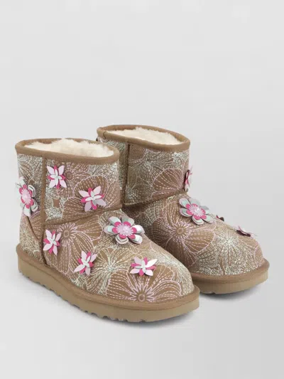 Ugg Suede Floral-embroidered Ankle Boots In Brown