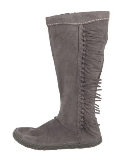 Pre-owned Ugg Suede Fringe Trim Accent Boots In Gray
