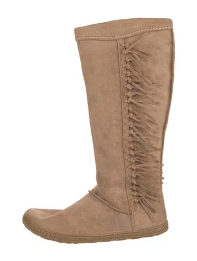 Pre-owned Ugg Suede Fringe Trim Accent Boots In Neutral