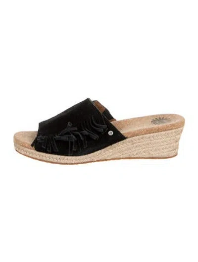 Pre-owned Ugg Suede Fringe Trim Accent Espadrilles In Black