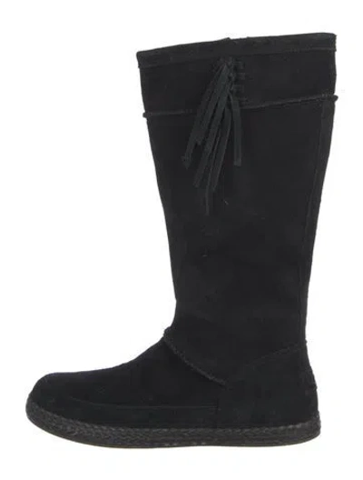 Pre-owned Ugg Suede Fringe Trim Accent Rain Boots In Black