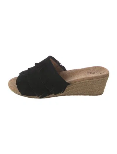 Pre-owned Ugg Suede Fringe Trim Accent Slides In Black