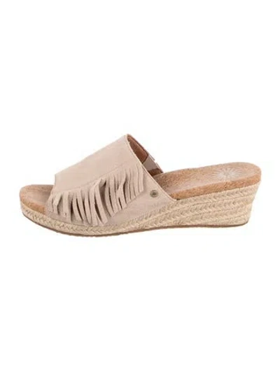 Pre-owned Ugg Suede Fringe Trim Accent Slides In Neutral