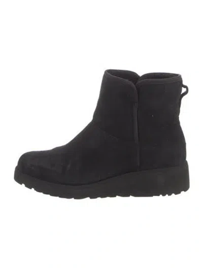 Pre-owned Ugg Suede Fur Trim Boots In Black