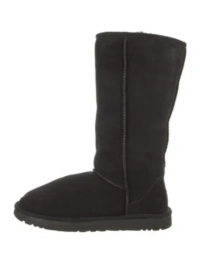 Pre-owned Ugg Suede Fur Trim Boots In Black