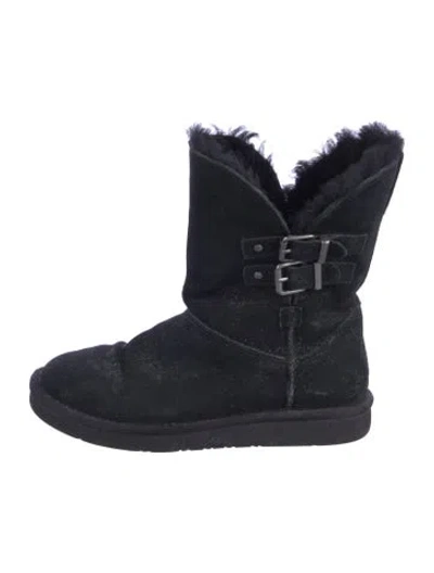 Pre-owned Ugg Suede Fur Trim Boots In Black