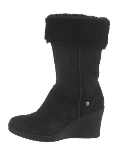 Pre-owned Ugg Suede Fur Trim Boots In Black