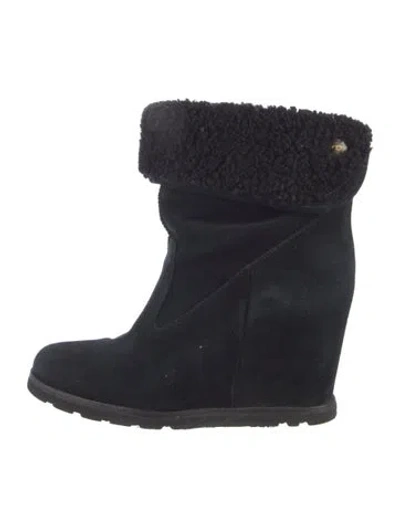 Pre-owned Ugg Suede Fur Trim Boots In Black