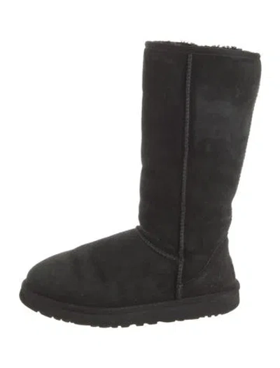 Pre-owned Ugg Suede Fur Trim Boots In Black