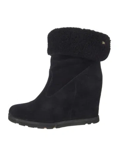 Pre-owned Ugg Suede Fur Trim Boots In Black