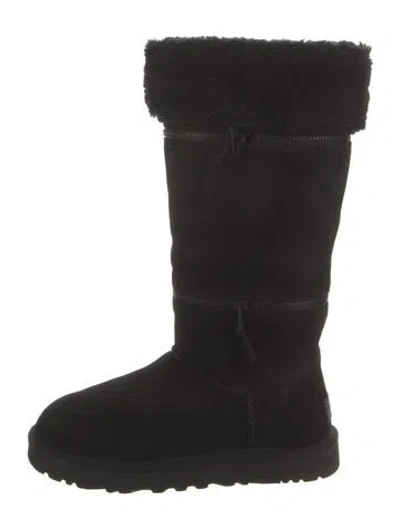 Pre-owned Ugg Suede Fur Trim Boots In Black