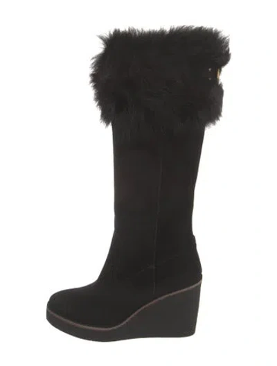 Pre-owned Ugg Suede Fur Trim Boots In Black