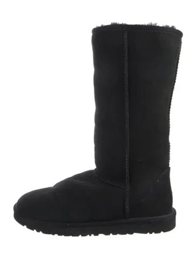 Pre-owned Ugg Suede Fur Trim Boots In Black