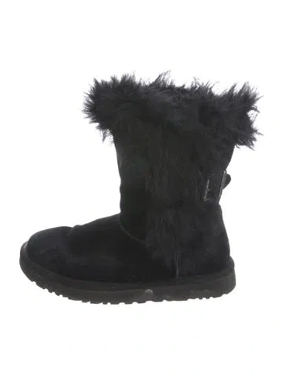 Pre-owned Ugg Suede Fur Trim Boots In Black