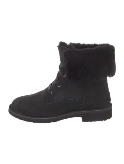 Pre-owned Ugg Suede Fur Trim Boots In Black