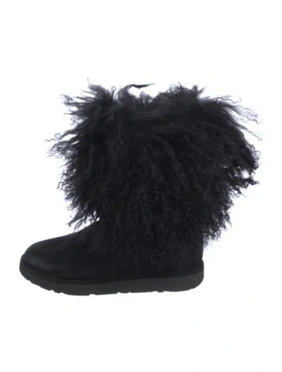 Pre-owned Ugg Suede Fur Trim Boots In Black