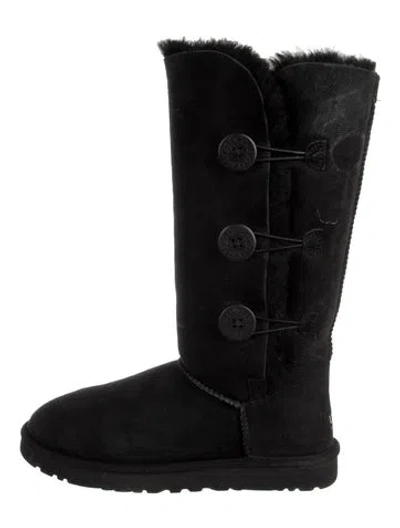 Pre-owned Ugg Suede Fur Trim Boots In Black