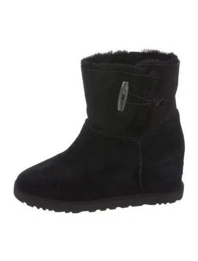 Pre-owned Ugg Suede Fur Trim Boots In Black