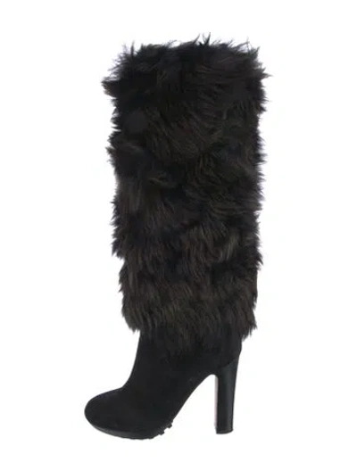 Pre-owned Ugg Suede Fur Trim Boots In Black