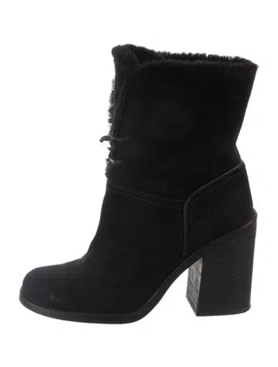 Pre-owned Ugg Suede Fur Trim Boots In Black