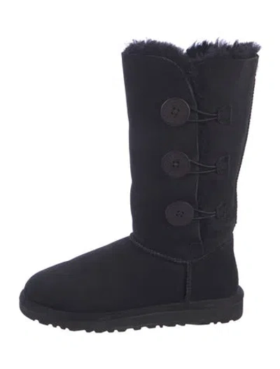 Pre-owned Ugg Suede Fur Trim Boots In Black