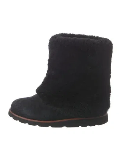 Pre-owned Ugg Suede Fur Trim Boots In Black