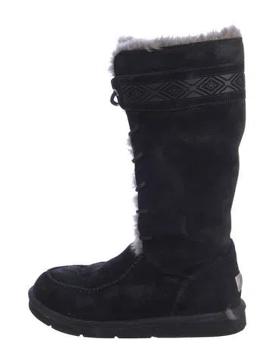Pre-owned Ugg Suede Fur Trim Boots In Black