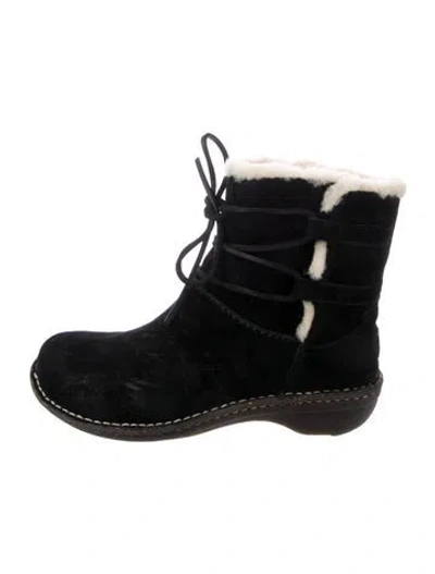 Pre-owned Ugg Suede Fur Trim Boots In Black