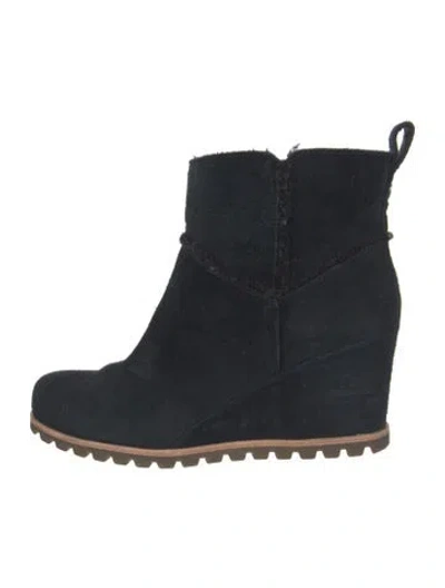 Pre-owned Ugg Suede Fur Trim Boots In Black