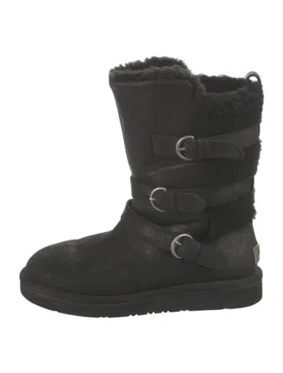 Pre-owned Ugg Suede Fur Trim Boots In Black