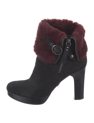Pre-owned Ugg Suede Fur Trim Boots In Black
