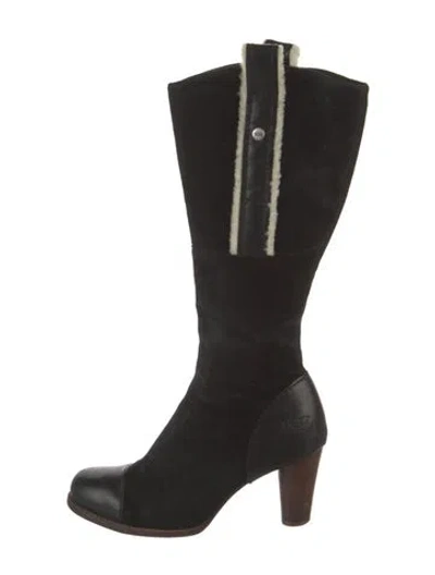 Pre-owned Ugg Suede Fur Trim Boots In Black