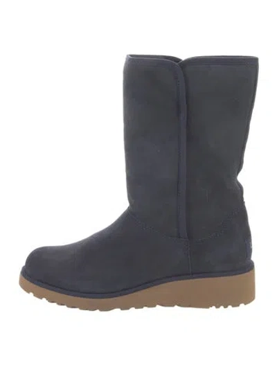 Pre-owned Ugg Suede Fur Trim Boots In Blue