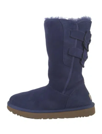 Pre-owned Ugg Suede Fur Trim Boots In Blue
