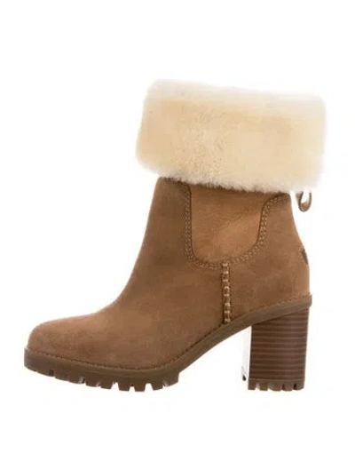 Pre-owned Ugg Suede Fur Trim Boots In Brown