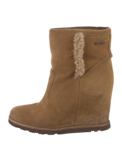 Pre-owned Ugg Suede Fur Trim Boots In Brown