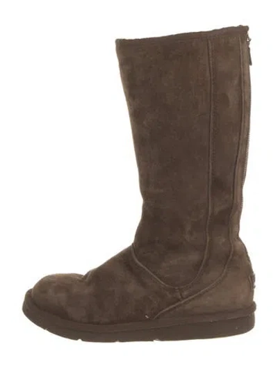 Pre-owned Ugg Suede Fur Trim Boots In Brown