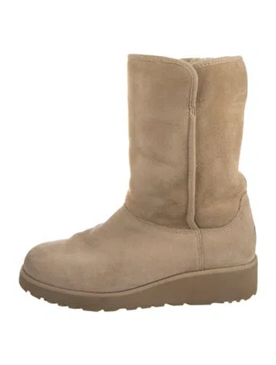 Pre-owned Ugg Suede Fur Trim Boots In Brown